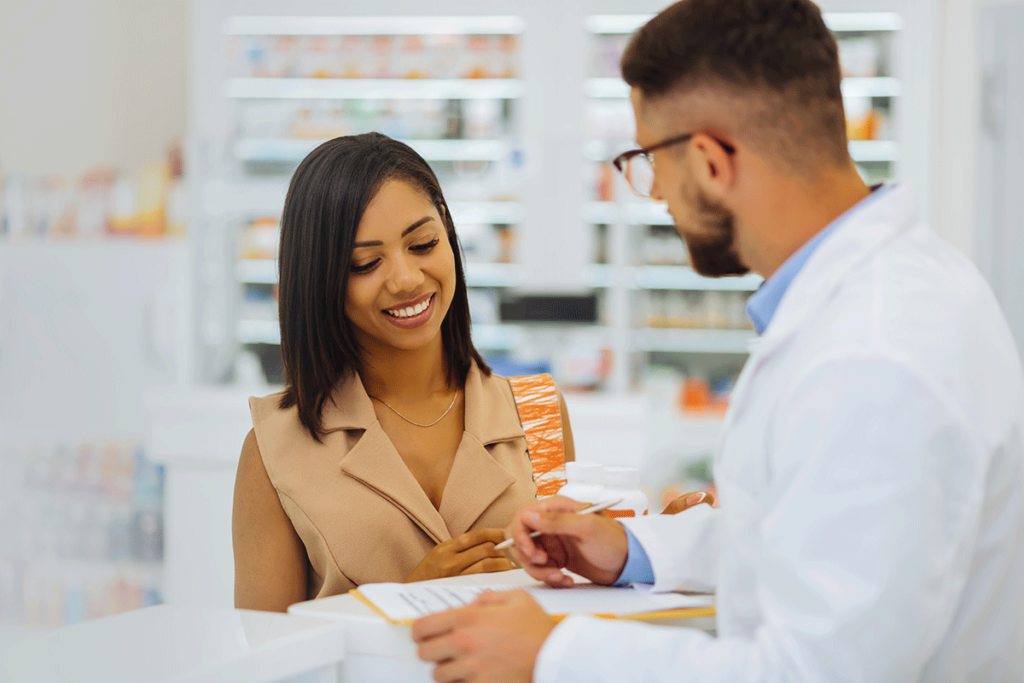 a pharmacist and patient talk about medication for bipolar disorder